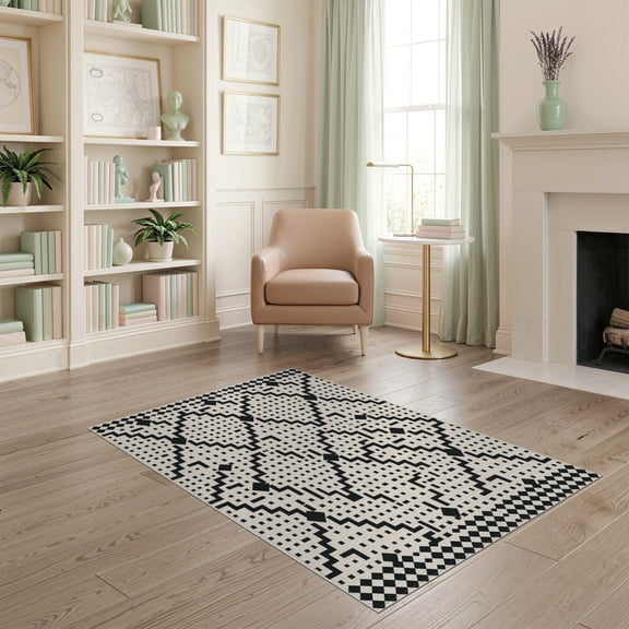ODIKA 4'x6' Black Ivory Geometric Medallion Pixelated Washable Area Rug Traditional Stepped Motif Pattern With Repeating Stain Resistant, Low Pile, Easy Care for Dorm Room, Small Living