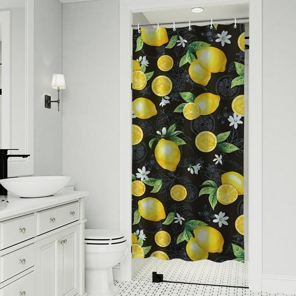 Yellow Lemon Fruit Flowers Black Pattern Shower Curtain 36"x72" ,Bathroom Decorative Shower Curtains Set with 12 Hooks,Modern Waterproof Washable Shower Curtain