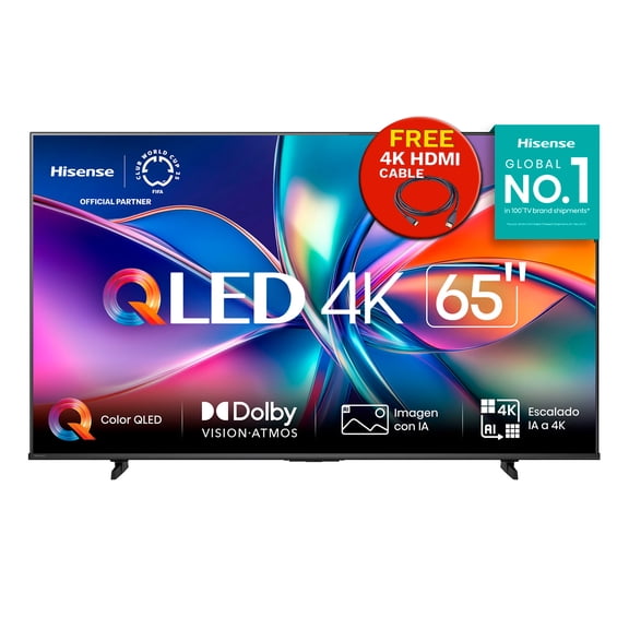 Hisense Pantalla QLED 4K de 65" 65QD6QV Vidaa U Compatible con Alexa ,Dolby Vision Atmos, Escalado IA a 4K, HDMI, LAN, WiFi. Control de voz. Bluetooth. (2025) FREE HDMI CABLE 4K