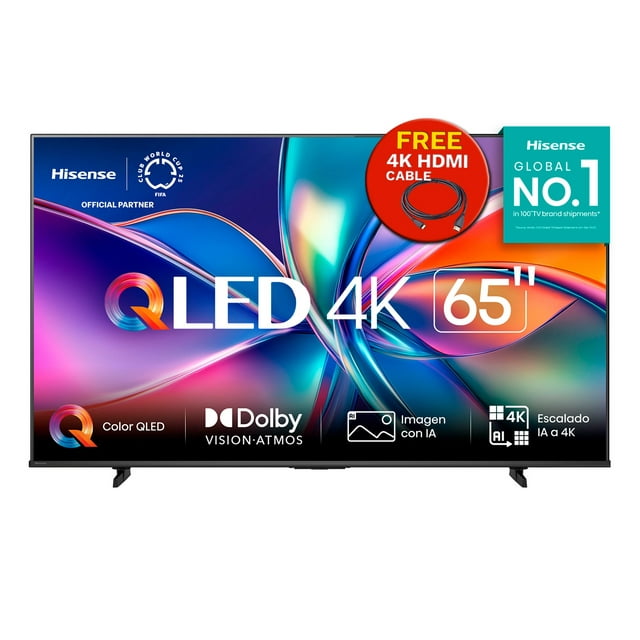 Hisense Pantalla QLED 4K de 65" 65QD6QV Vidaa U Compatible con Alexa ,Dolby Vision Atmos, Escalado IA a 4K, HDMI, LAN, WiFi. Control de voz. Bluetooth. (2025) FREE HDMI CABLE 4K