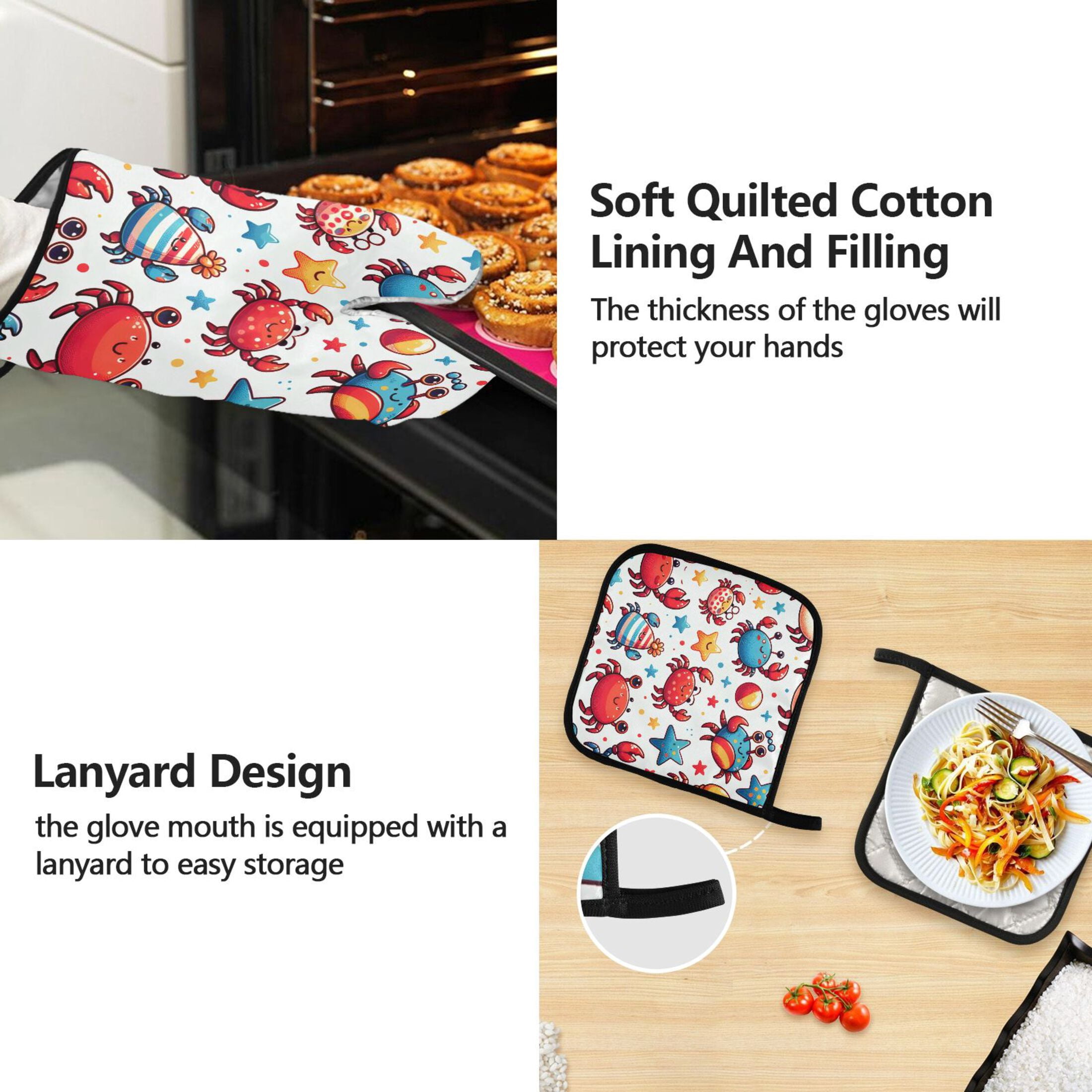Cute Crabs with Starfish 5 Pcs Kitchen Set Heat Resistant Oven Mitts and Non-Slip Pot Holders with Adjustable Cooking Apron