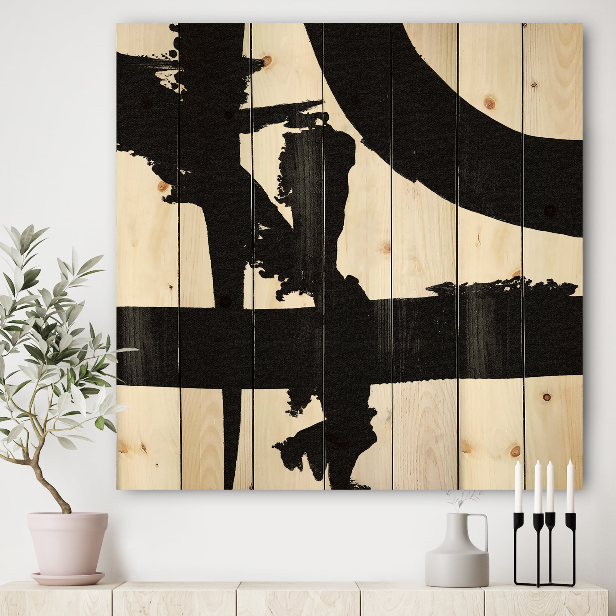 Designart 'Black & White Crossing Paths I' Modern & Contemporary Print on Natural Pine Wood