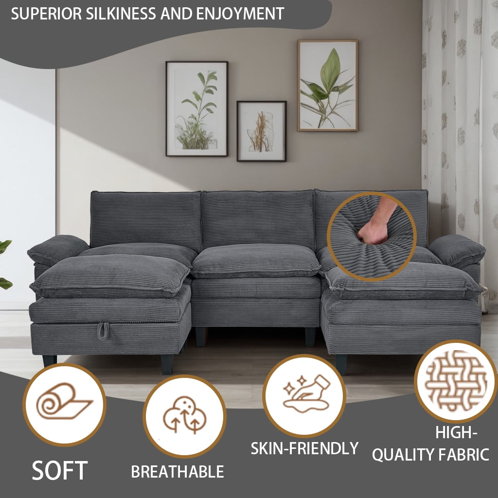 Gewnee Sectional Convertible Sofa U Shaped Modular Couch with Double Movable Tea Table Ottoman Corduroy Oversized Sofa Couch
