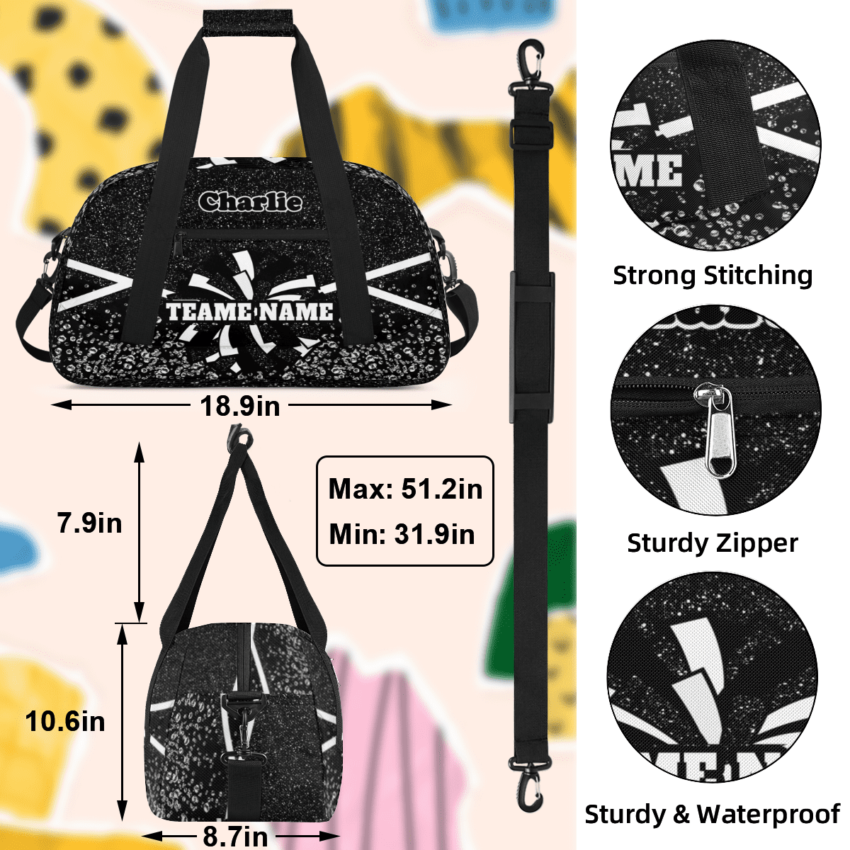 Personalized Cheerleader Bag Dance Bag, Custom Team Bag Gym Bag Sport Duffel Bag, Weekender Bags Travel Bag for Cheer Team Black Glitter