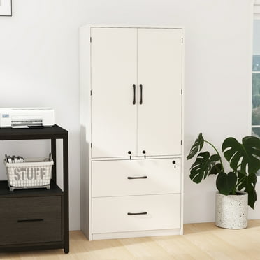Uforic Wood File Cabinet with Lock & 2 Drawers, Heavy Duty Filing Cabinets with Doors& Adjustable Shelves, Tool Big Storage Cabinets for Home Office, White
