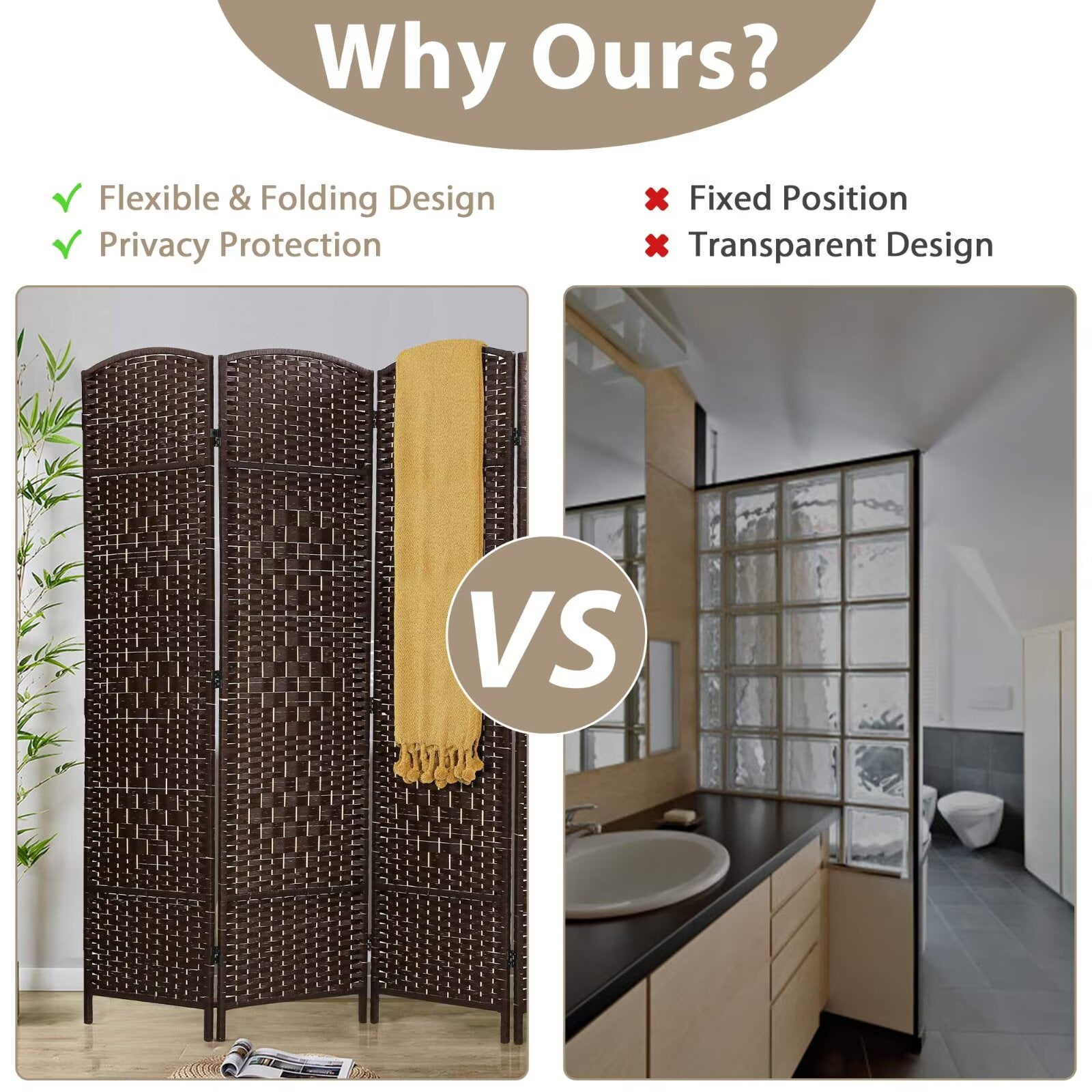 YRLLENSDAN 4 Panel Room Dividers Folding Portable, 6 ft Outdoor Indoor Privacy Screen, Temporary Walls for Home Office Restaurant, Brown