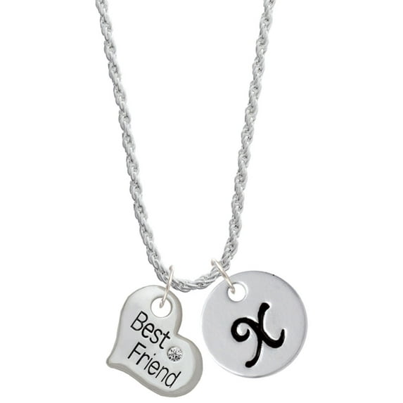 Delight Jewelry Silvertone Large ''Best Friend'' Heart Silvertone Script Initial Disc - X - Charm Necklace, 20"+3"