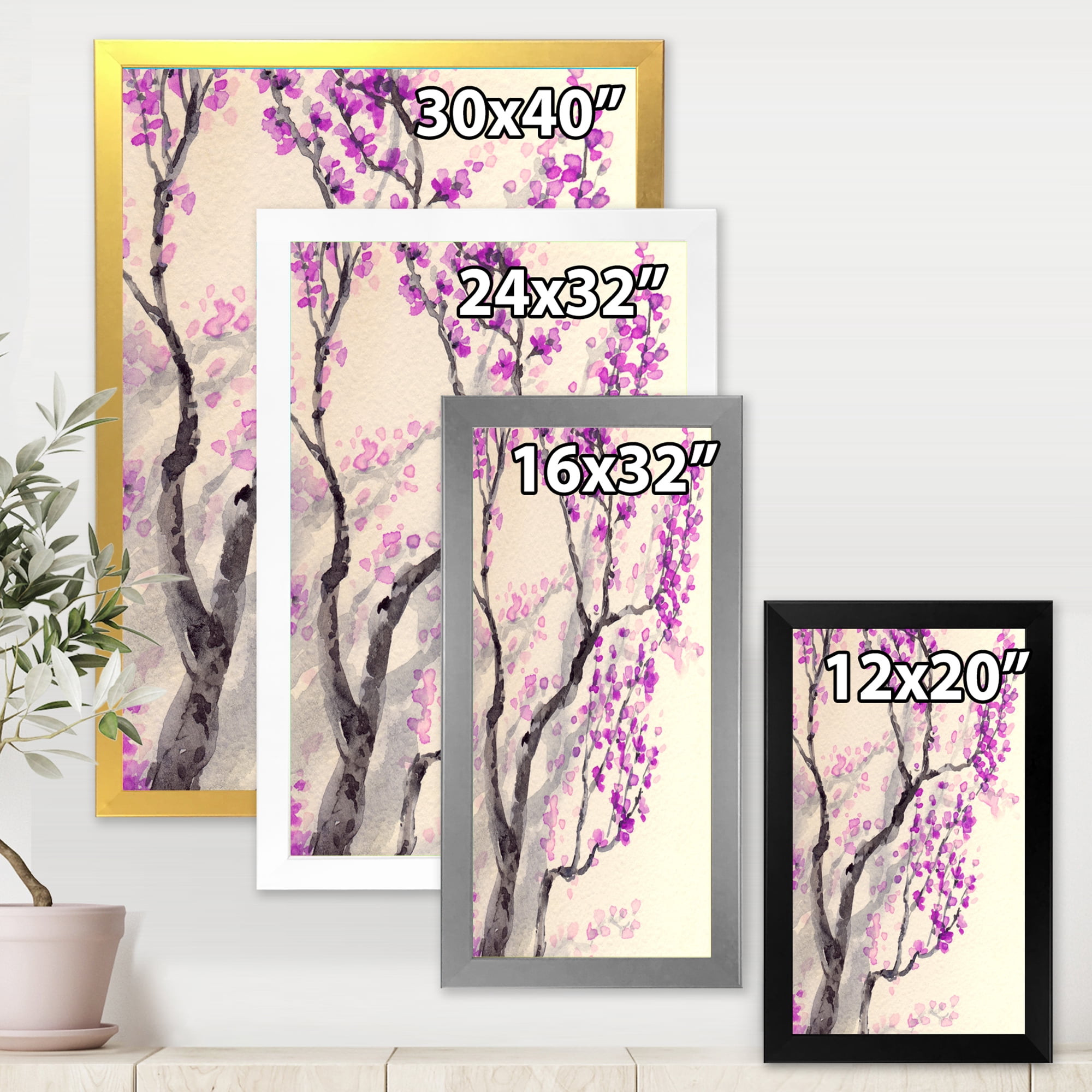 Abstract Spring Purple Flowers On Tree Branches 16 in x 32 in Framed Painting Canvas Art Print, by Designart