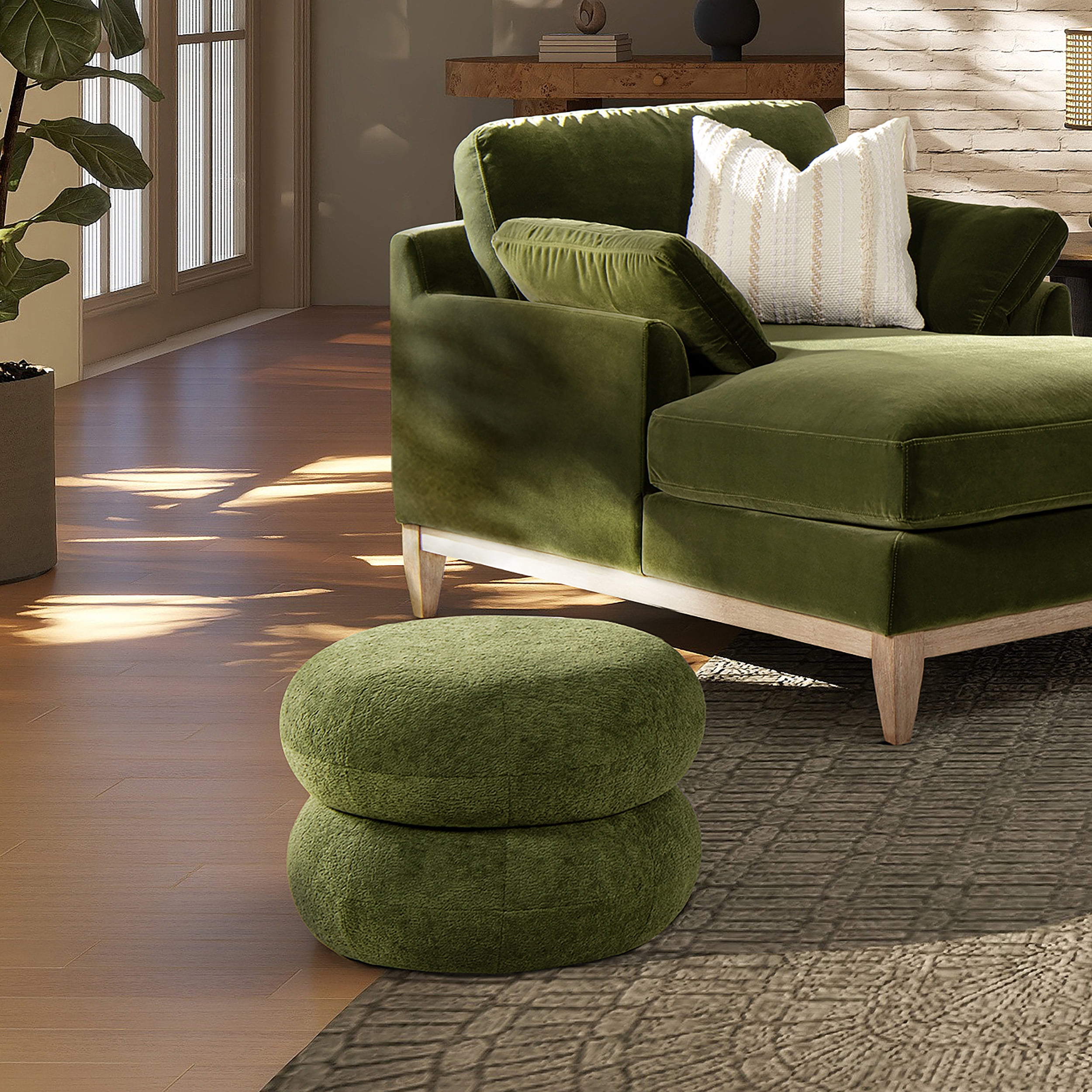Ottomans With Storage Nest 19.5" Low Round Upholstered Ottoman, Moss Green,Living Room Ottomans