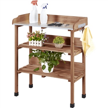 Renwick Outdoor Potting Bench Table with Storage Shelf, Brown