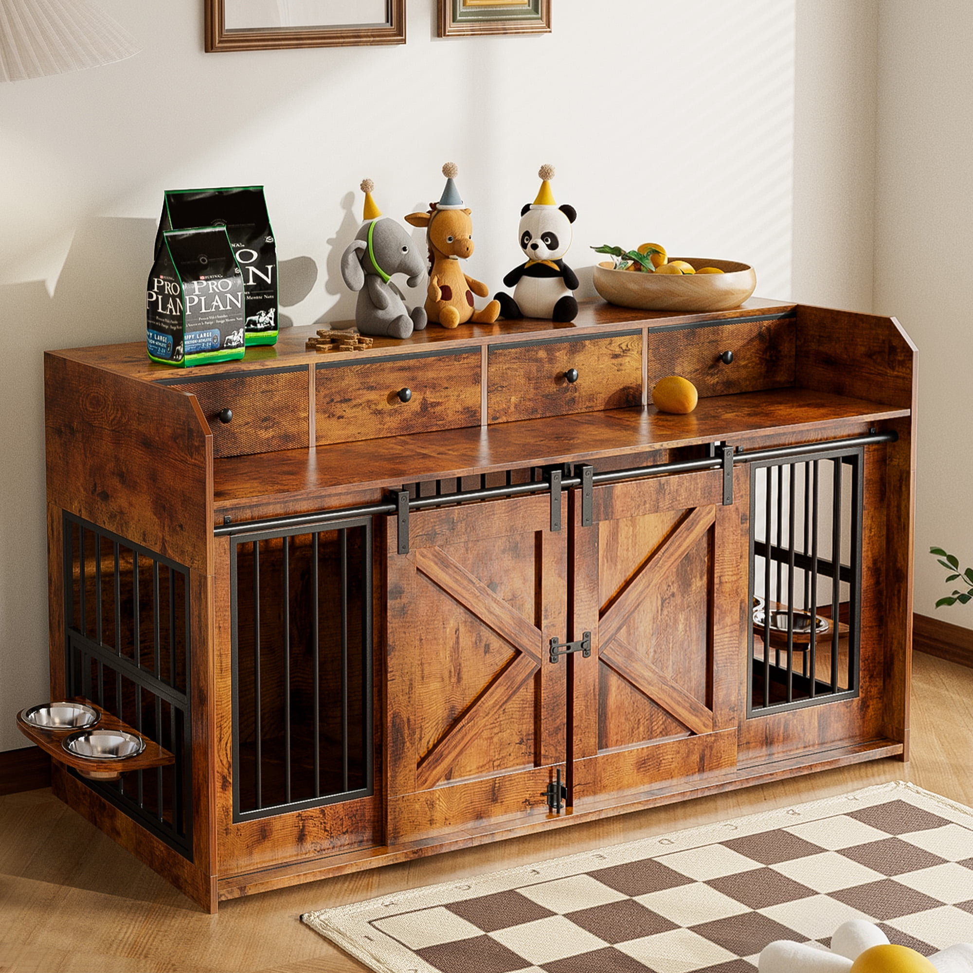 Advwin 63" Wooden Double Dog Crate Furniture with Drawers, Divider, Sliding Doors and Dual Feeding Stations, TV Stand Dog Kennel for 2 Small/Medium Dogs, Rustic Brown
