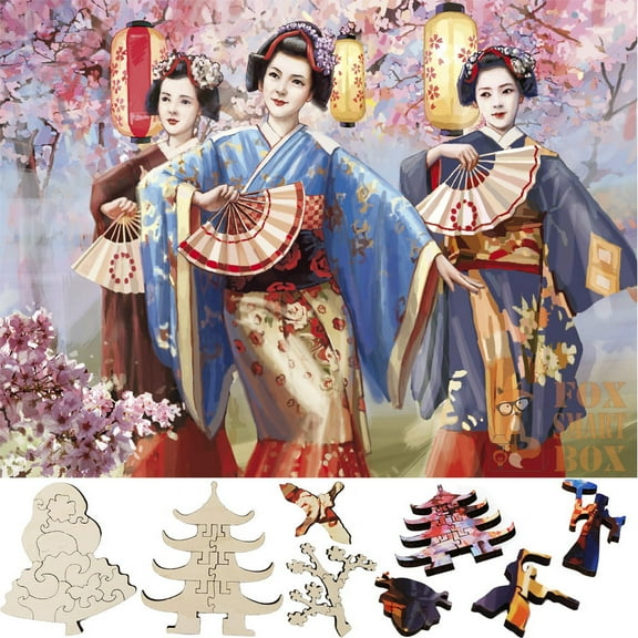 Wooden Jigsaw Puzzles for Adults with Uniquely Shaped Pieces - made in USA by FoxSmartBox - 437 Pieces - Sakura Blossom Festival