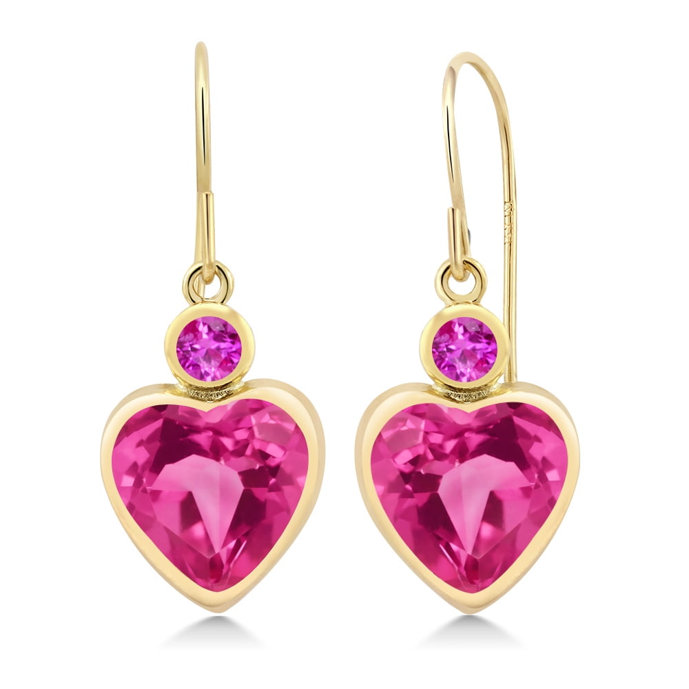 5.12 Ct Heart Shape Pink Created Sapphire Pink Sapphire 14K Yellow Gold Earrings by