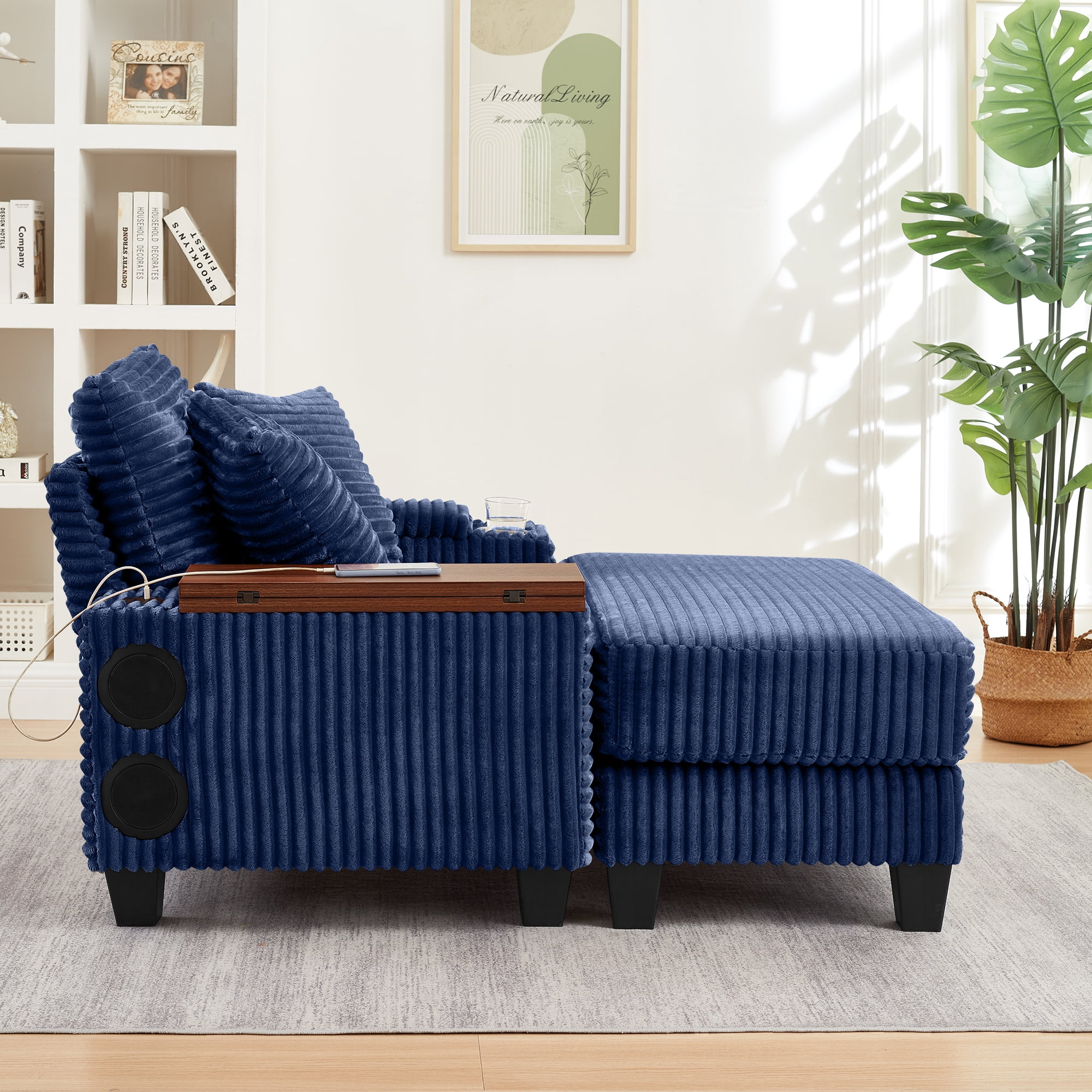 Chaise Lounge Chair Indoor,Corduroy Single Upholstered Sofa Bed with Ottoman,Cup Holder & USB Ports,180°Rotating Table Board for Living Room,Bedroom,Apartment,Blue