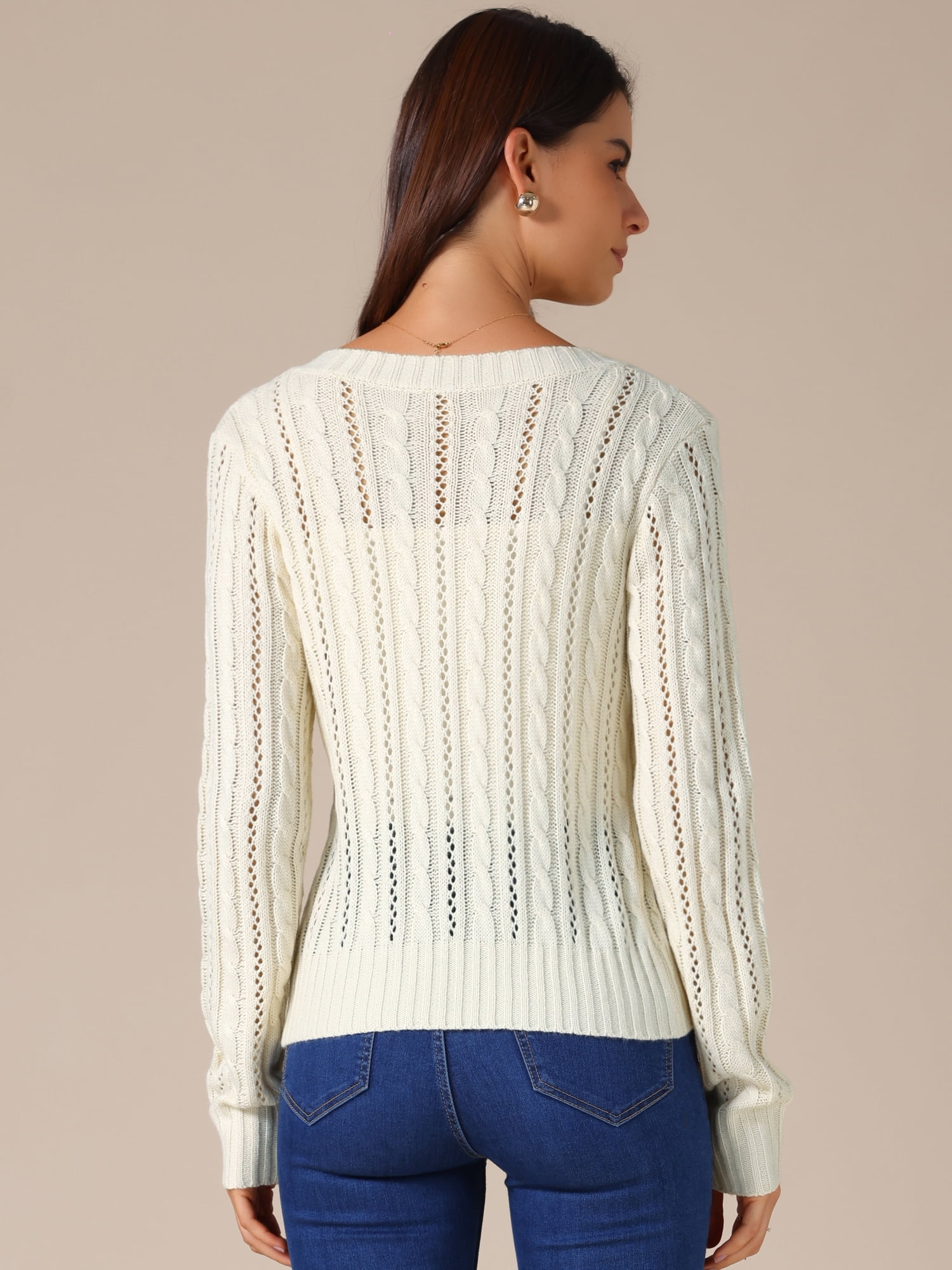 DARING DIVA Women's Open Front Button Down Cable Knit Cardigan Sweater M Apricot