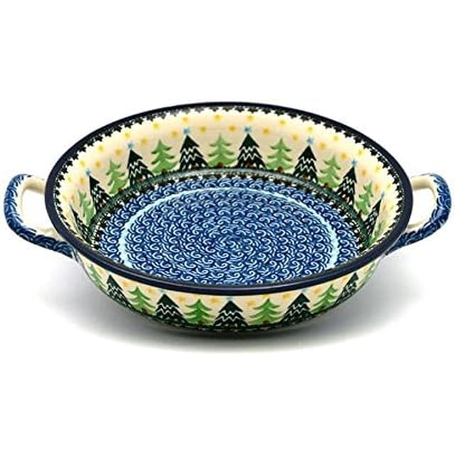 Polish Pottery Baker - Round with Handles - Medium - Christmas Trees by Polish Pottery Gallery