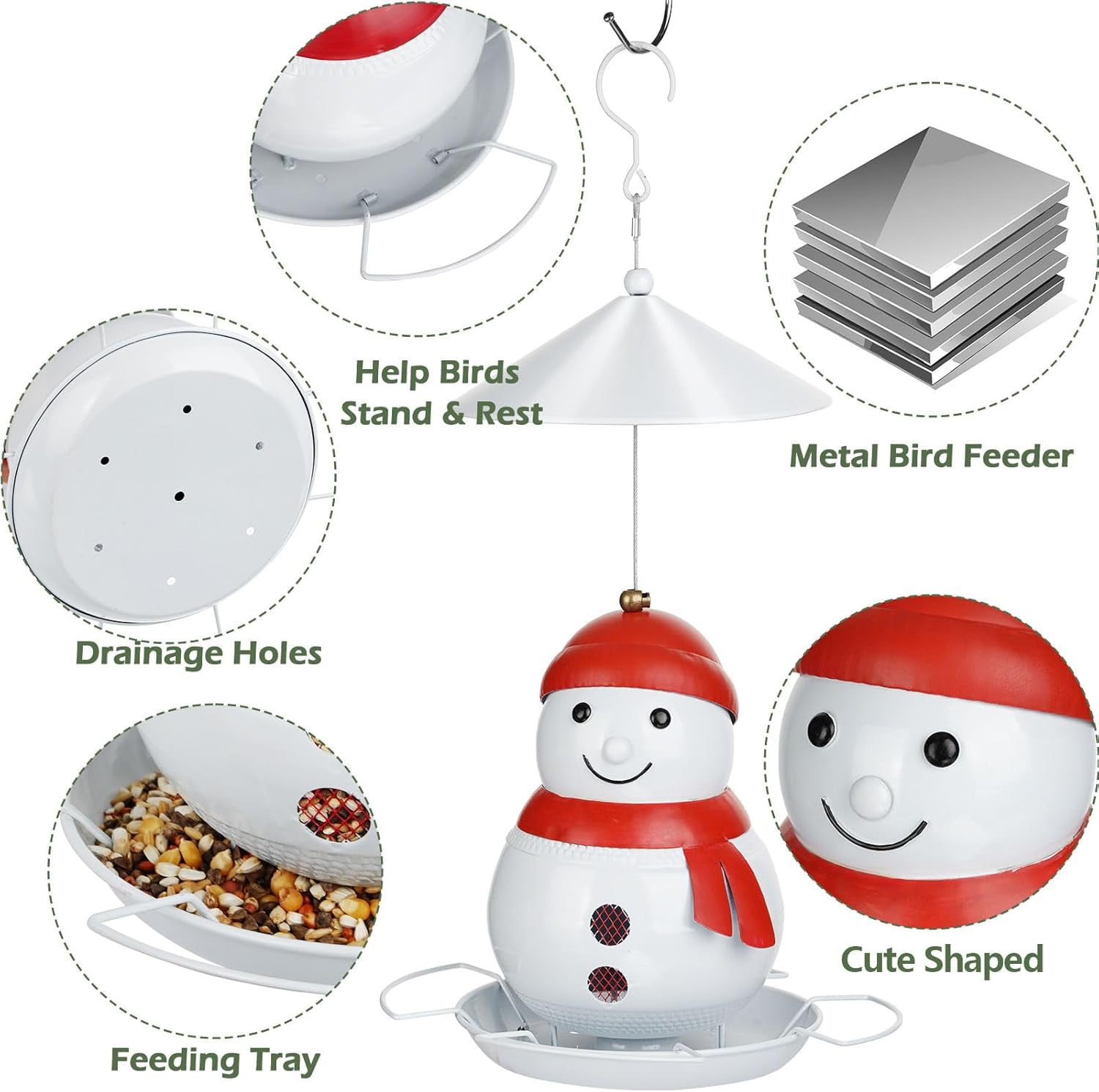 IWNTWY Wild Bird Feeder for Outside Hanging, 4LB Capacity Heavy Duty Metal Snowman Birdfeeder with 4 Perches