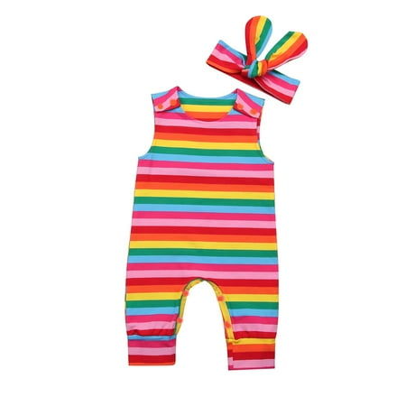 

0-2T Infant Baby Girl Rainbow Print Romper Jumpsuit Sleeveless Baby Bodysuit with Headband Summer Colorful Girls Outfits