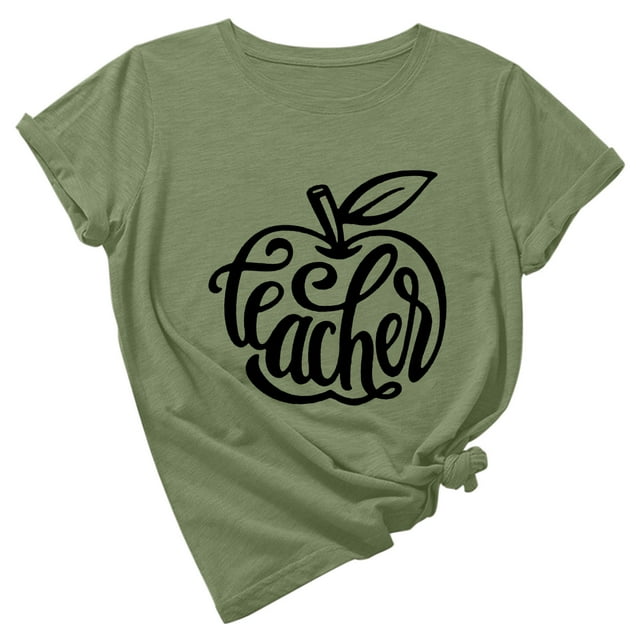 Camiseta de manga corta con estampado bonito para el día del maestro y cuello redondo suelto a la moda para mujer Pompotops hfajkhk138095