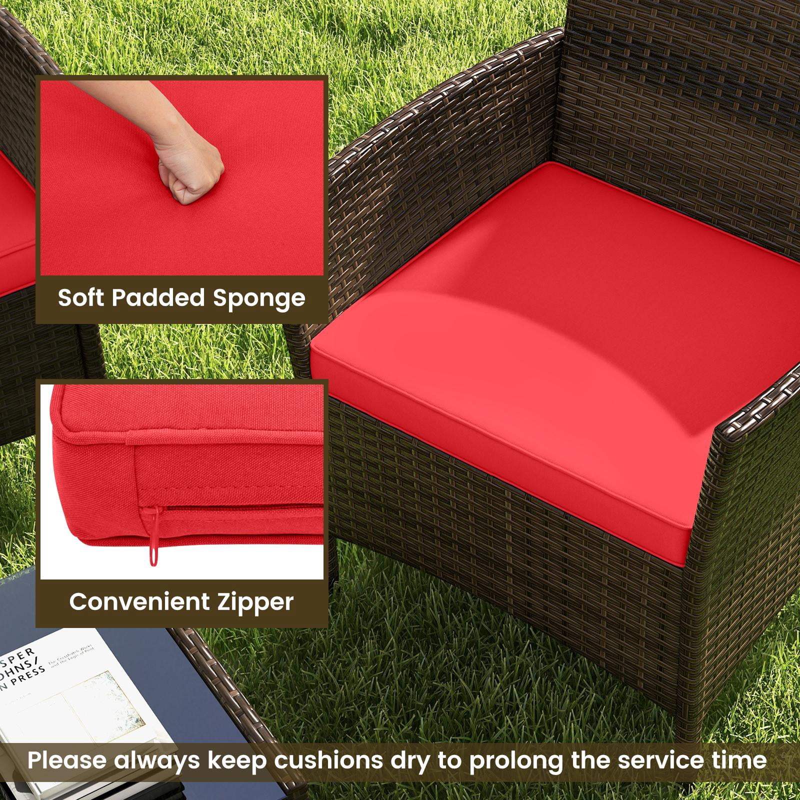 Costway 4PCS Rattan Patio Furniture Set Cushioned Sofa Chair Coffee Table Red