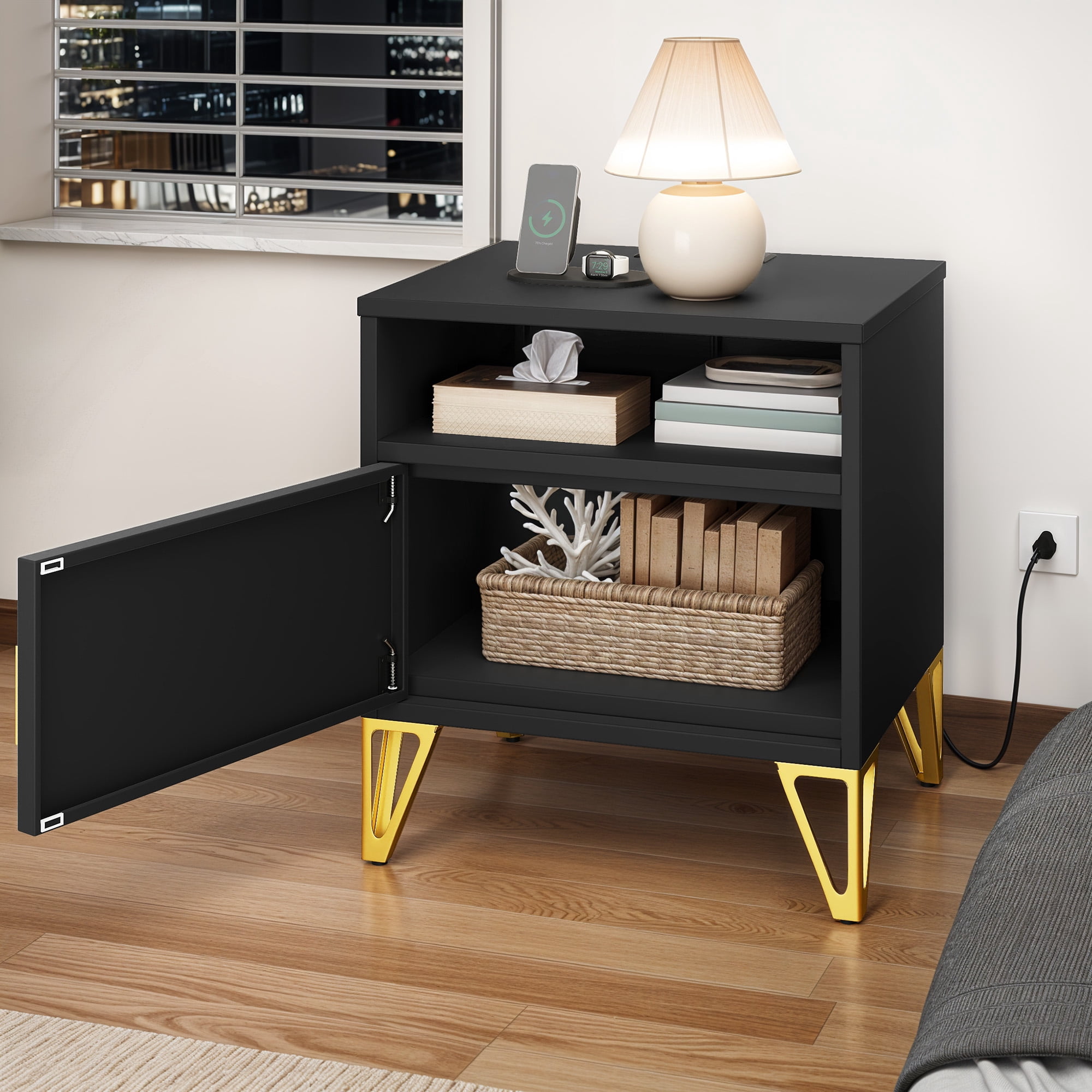 Uforic Metal End Table with Charging Station & Door for Living Room, Black