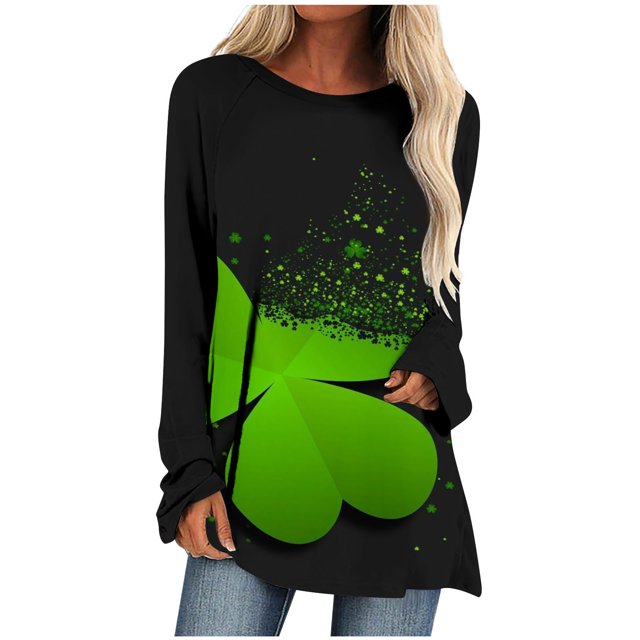 QIPOPIQ Chemises à Manches Longues pour Femmes Col Rond T-Shirts St. Patrick's Day Tunique T-Shirt Imprimé Shamrock T-Shirt Vert Chanceux Hauts Chemises St Patricks Day Col Rond Chemises de Vacances Offres