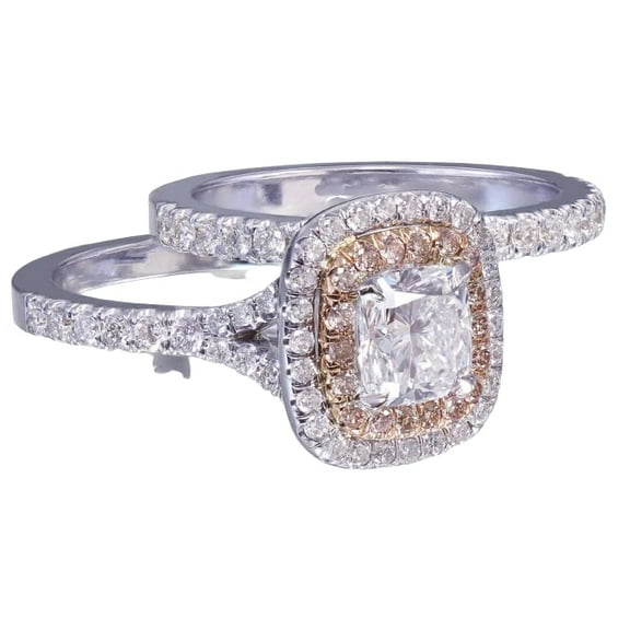 HeartsAndYou Double Halo Bridal Set Engagement Ring for Women 2ct Cushion Moissanite 18k White Gold Over Silver