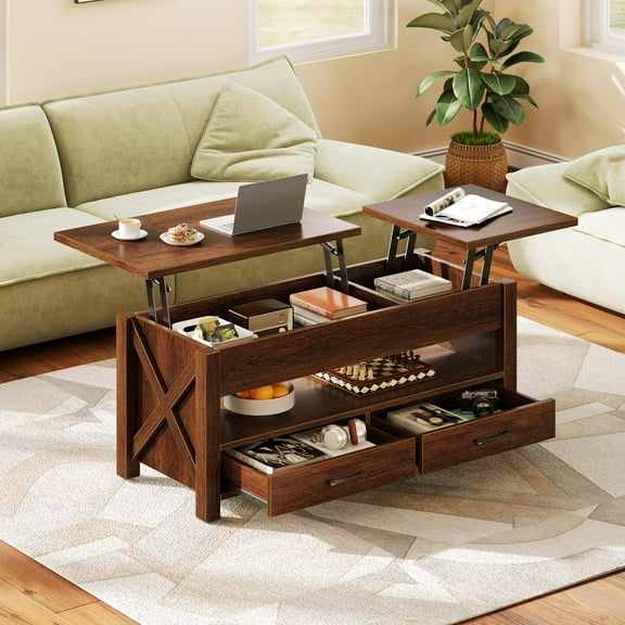 Greenstell Lift-Top Storage Coffee Table - Modern Style with 2 Drawers, Hidden Compartment & Wooden Lift Tabletop - Chestnut - 44"
