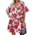 thumbnail image 2 of Robe Chemise Boutonnée d'Été pour Femmes Florale Manches Courtes Bouffantes Décontractée Coupe Ample Plage Mini Robes Rouge TG, 2 of 8