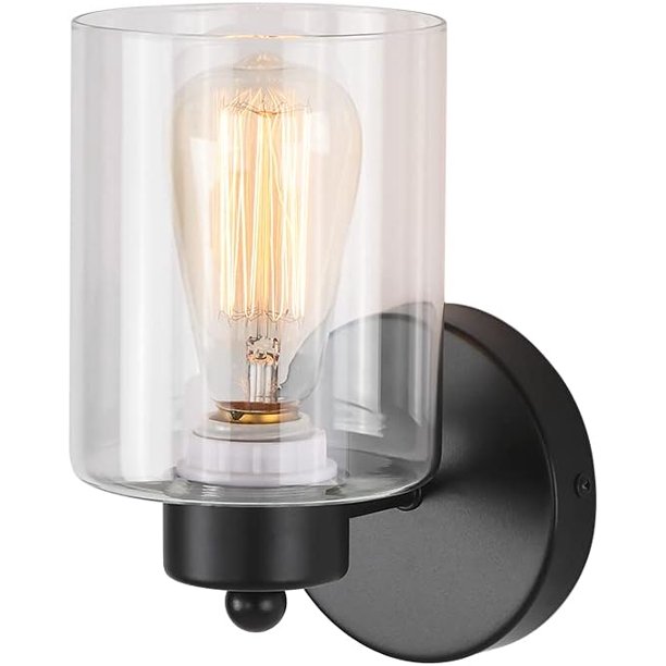 Aplique de pared negro mate con pantalla de vidrio transparente 2 luces Aplique de pared negro mate para baño Iluminación.
