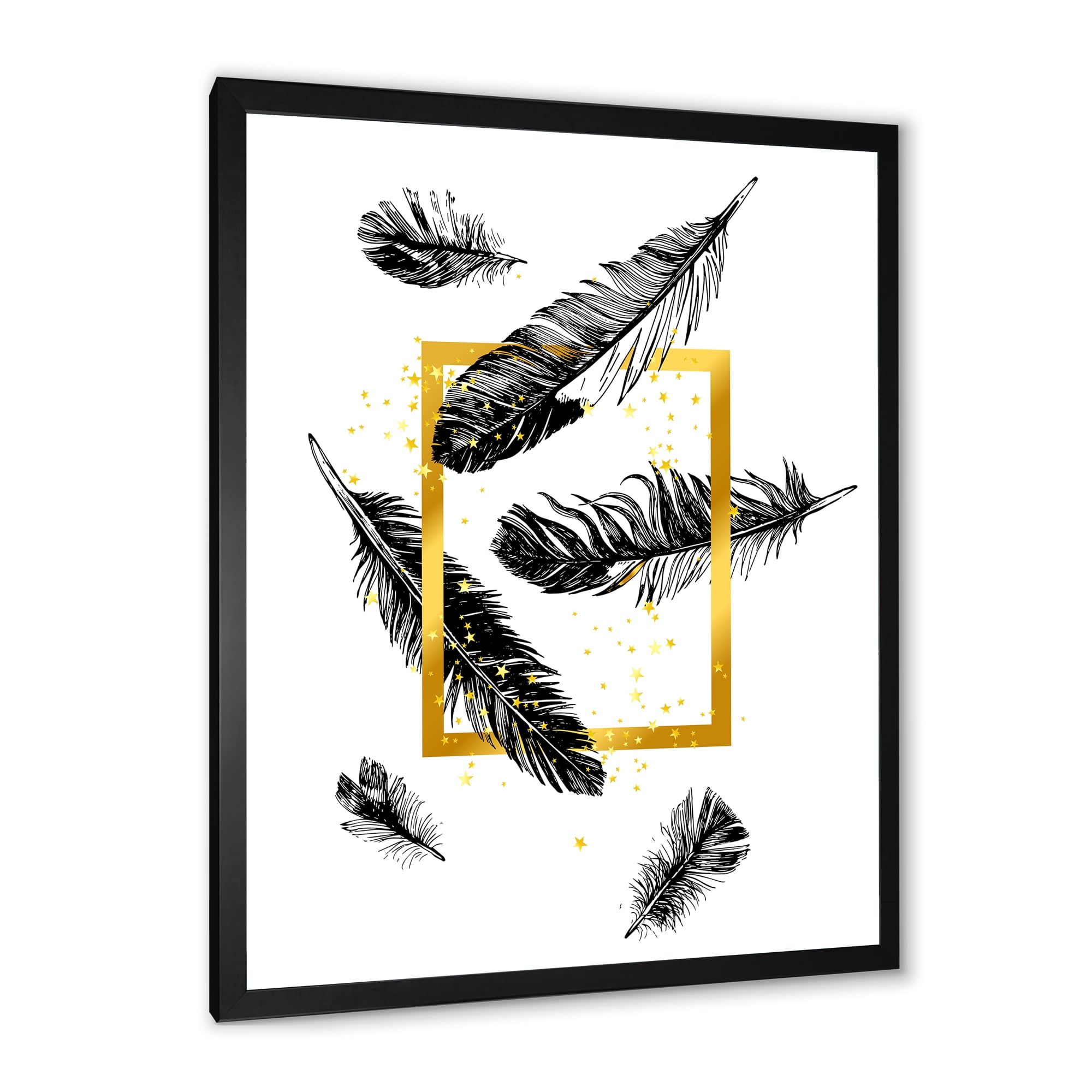 Designart 'Feathers and Golden Frame' Bohemian & Eclectic Framed Art Print