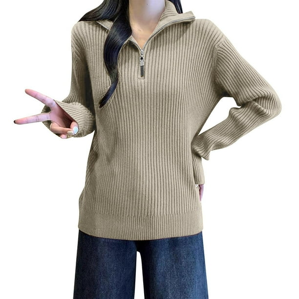 Suéter de cuello alto para mujer, holgado, con media cremallera, cuello alto, manga larga, tejido, abrigo