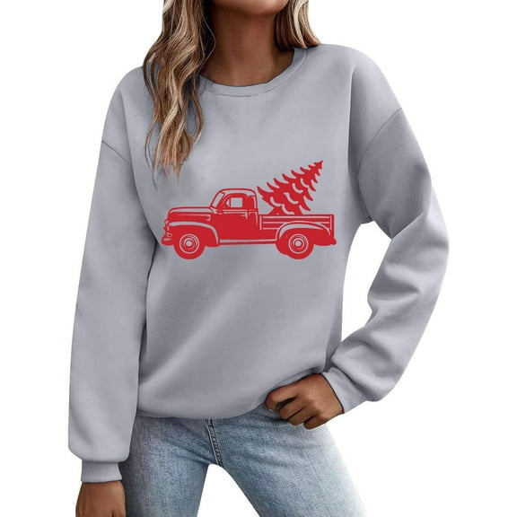 Christmas Graphic Sweatshirts for Women Xmas Car Printed Pullover Long Sleeve Crewneck Tshirts Xmas Holiday Party Winter No Hood Sweaters