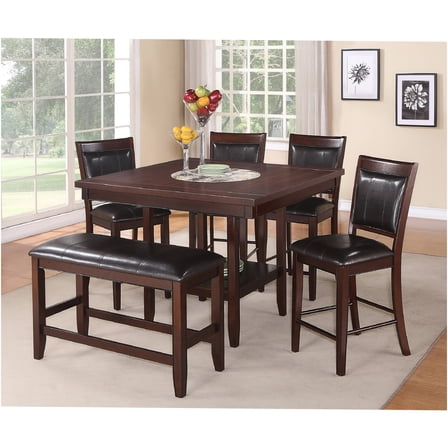 JERFIT 6-Piece Counter Height Dining Set with Lazy Susan, Farmhouse Table and Faux Leather Upholstered Chairs, Dark Brown