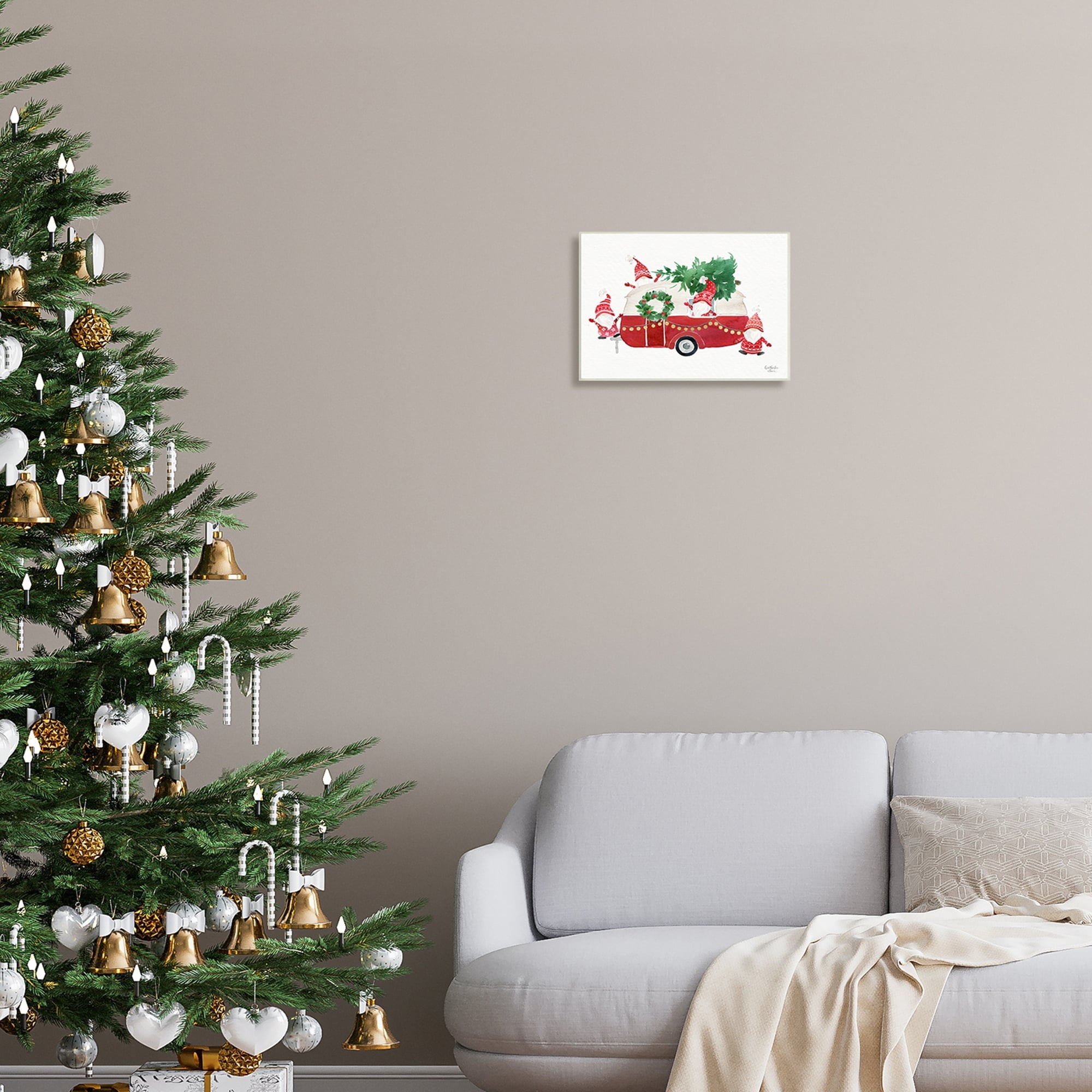 Stupell Industries Holiday Garden Gnomes Seasonal Holly Wreath Tree Painting Unframed Art Print Wall Art, Design by Heatherlee Chan