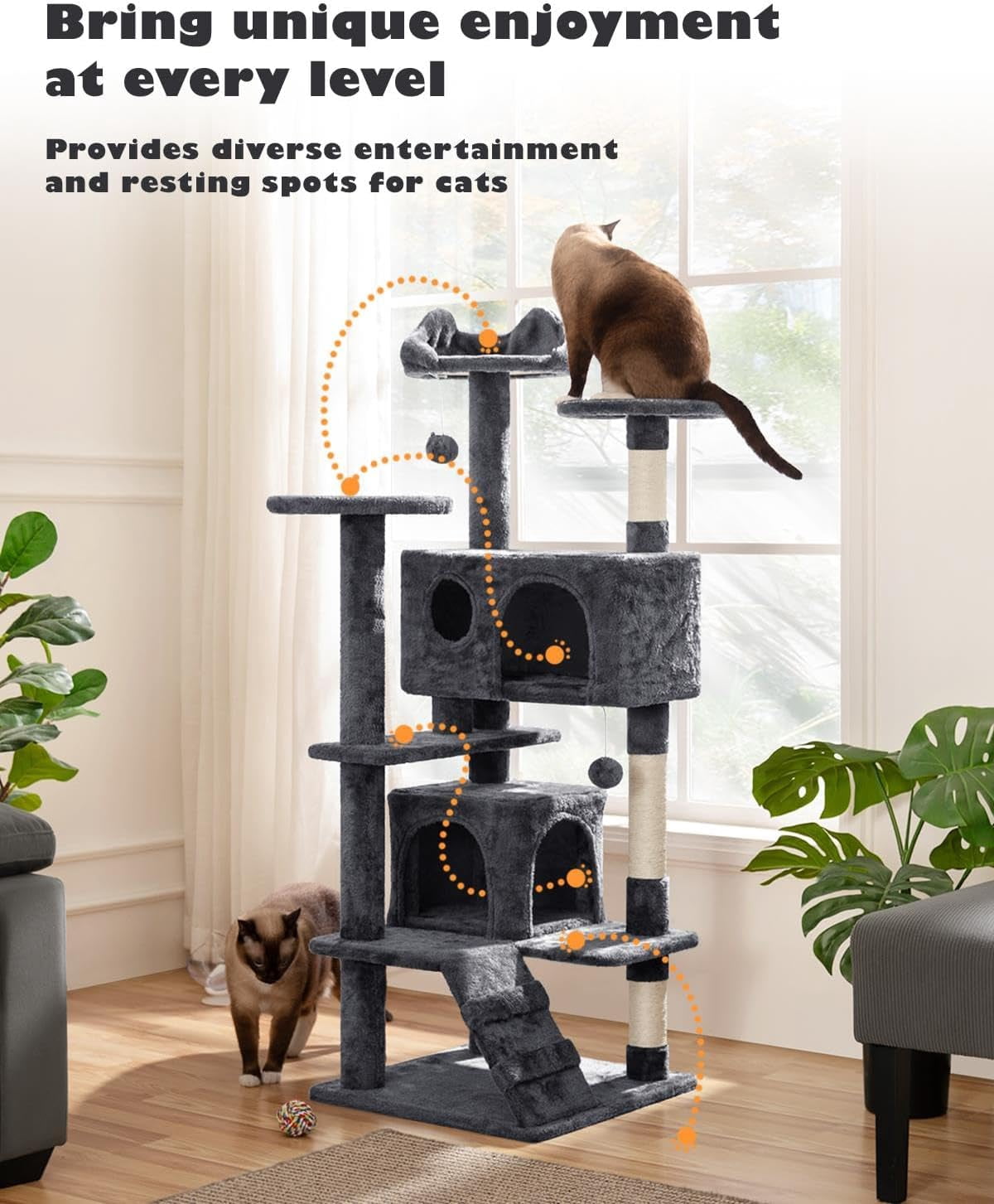 54in Cat Tree, Multi-Level Cat Tower with Spacious Kitten-ear Perch, 2 Cozy Caves, Scratching Posts, Climbing Ladder, 2 Plush Balls, Durable Pet House Furniture for Indoor Kittens, Dark Gray