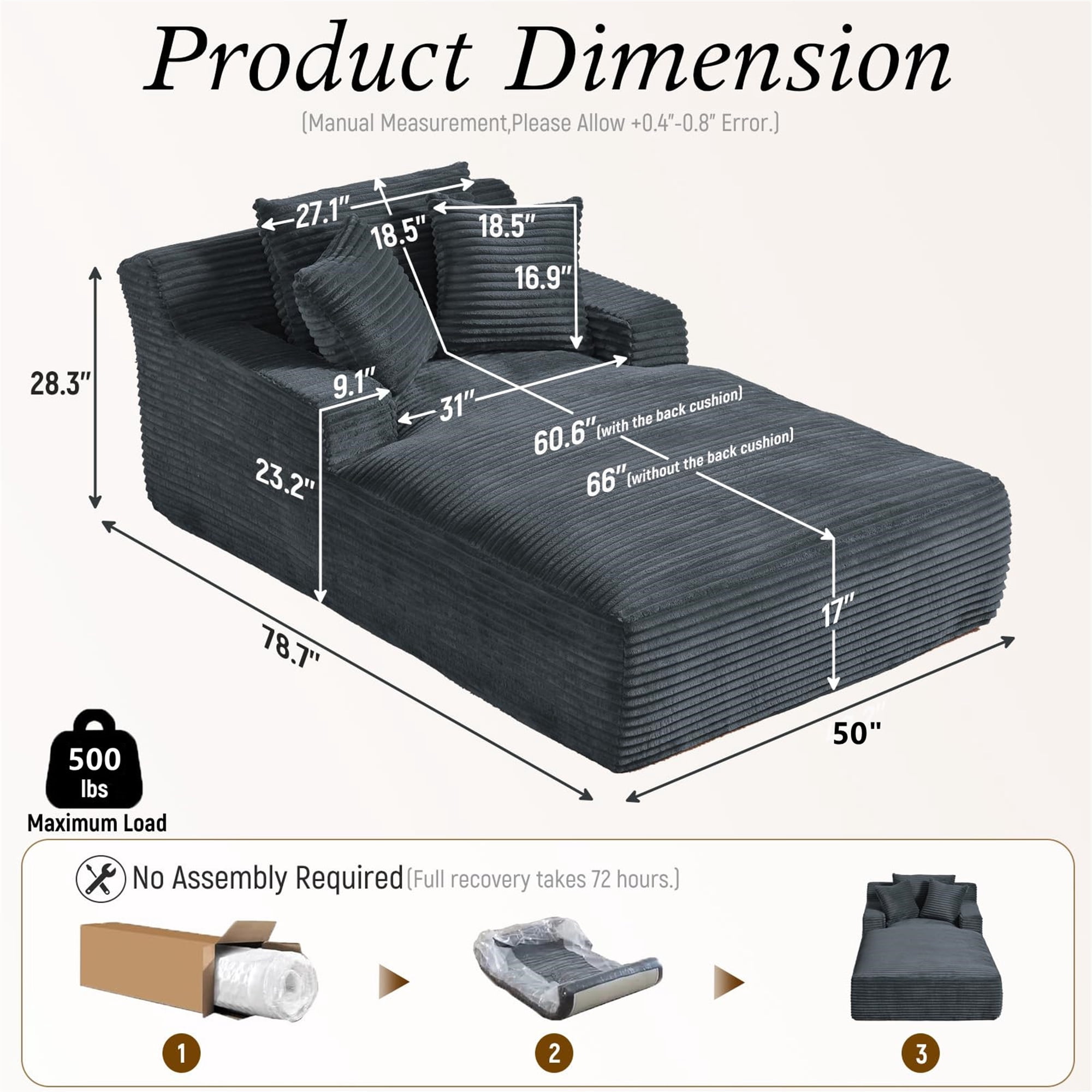 Aukfa Chaise Lounge Oversized Indoor Chair Boneless Couch for Living Room, 3Pillows, Gray