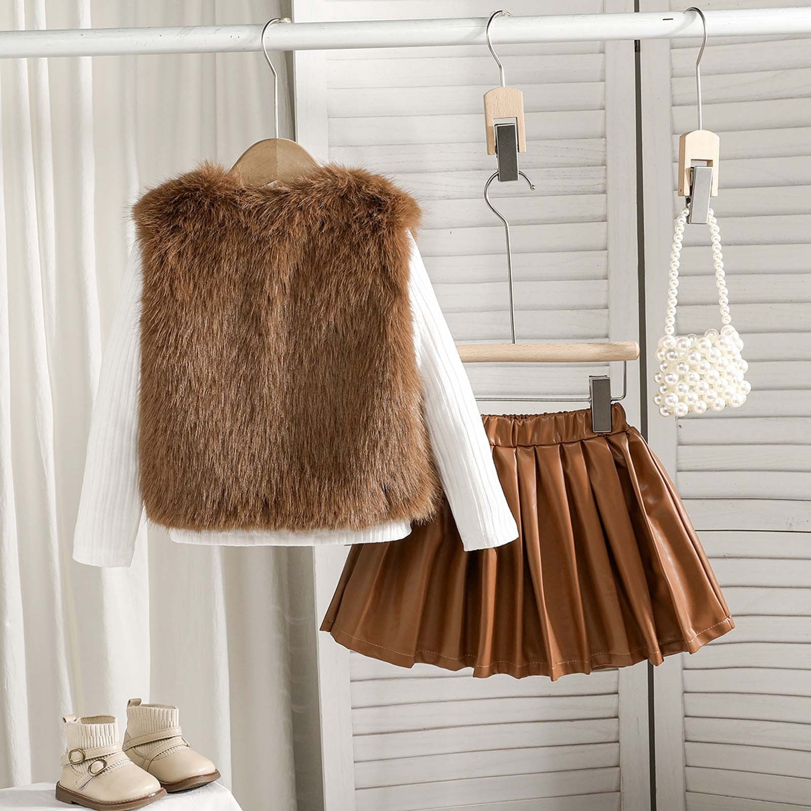 MEZZALL Girls Outfits Set Vest Long Sleeve Round Neck Tops PU Leather Pleated Skirt 3 Piece Outfits For Toddler Kids Versatile Cartoon Clothing