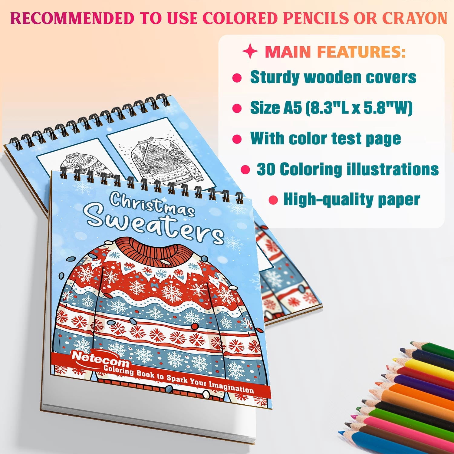 Netecom Christmas Sweaters Coloring Book Spiral Bound for Adults, A5 Wooden Cover, 30 Large Print Coloring Pages of Holiday Sweatshirt for Stress Relief and Relaxation