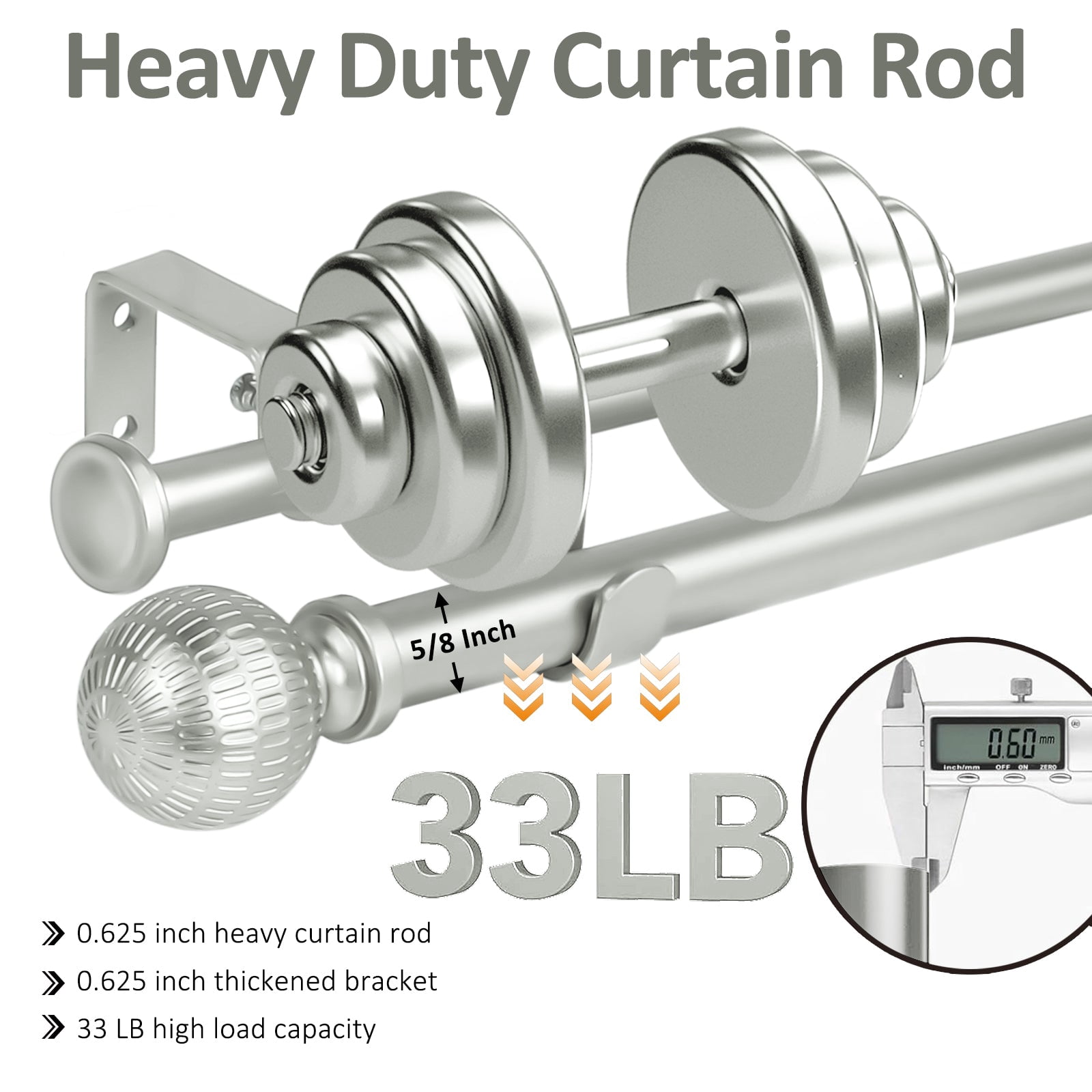 Ridicili 5/8" Telescoping Double Curtain Rods with Reticulated Ball Finials, Pewter,48"-84", 5/8 Inches Front and 1/2 Inches Back Double Window Drapery Rod