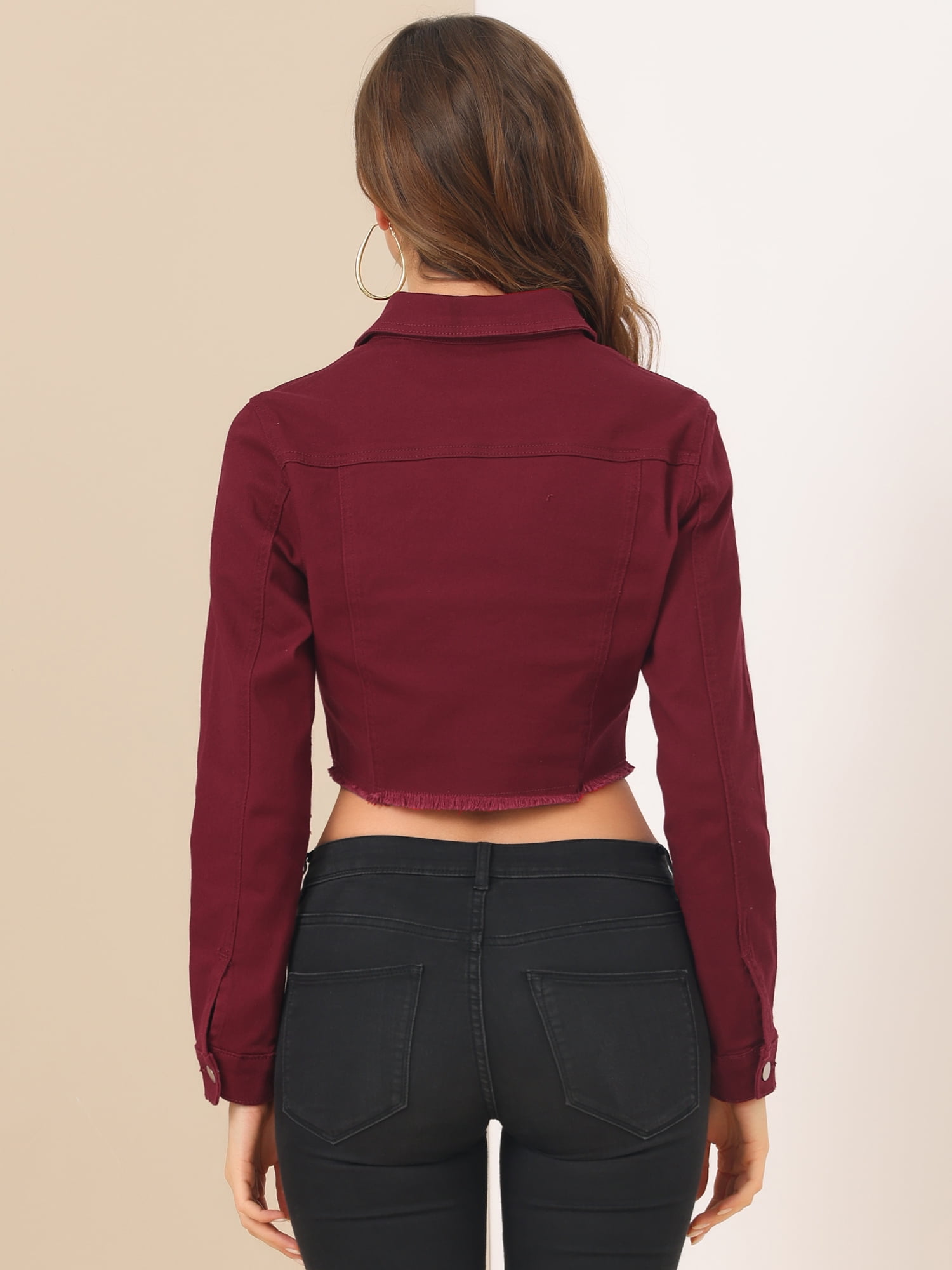 DARING DIVA Women's Frayed Button Up Washed Cropped Denim Jackets L Burgundy