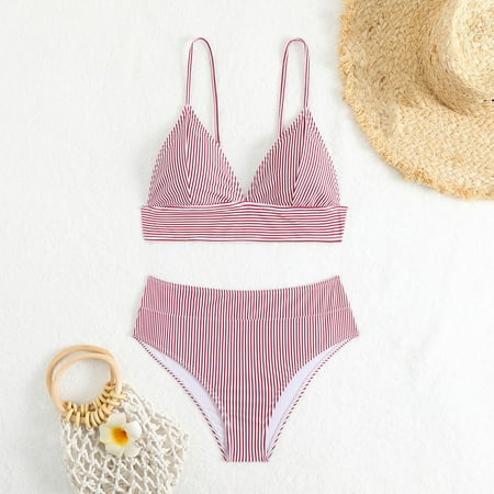 POROPL Swimsuits for Women 2025 Fashion Bikini Halter Top Bandeau Swim Striped Print Swim Size S-L
