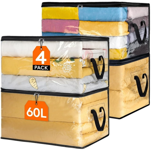 4 Piezas Bolsas para Guardar Ropa Transparentes 60L, Bolsas Almacenaje Ropa Plegable de PVC, Cajas Almacenaje con Asas, Organizador Armario Para Mantas, Ropa, Juguetes, Mudanza, Libro
