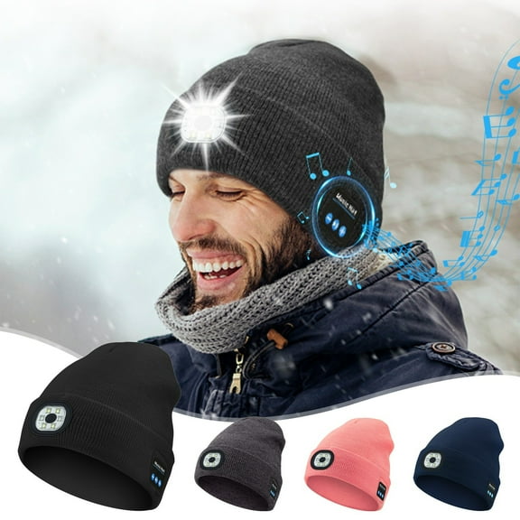 Msgweeeg Beanie Hats for Men Warm Hats for Men Bluetooth 5.4 Music Charging LED Illuminated Headlamp Knit Hat for Hiking