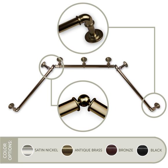 Central Design DP100-Bay-4 1 in. Pipe Bay Window Curtain Rod, Antique Brass - Side Rod Extends Upto 23 to 41 in. & Center Rod Extends Upto 41 to 78 in.