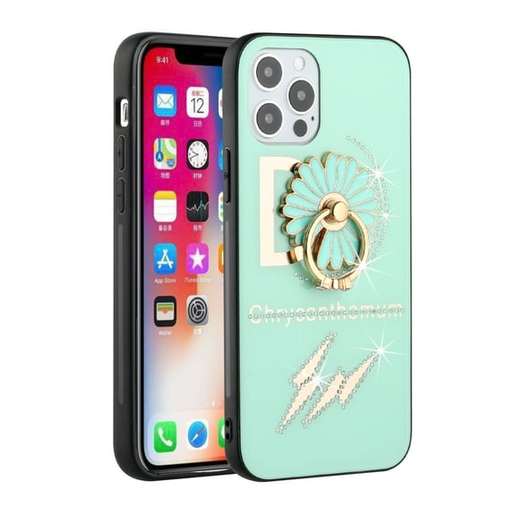 For Apple iPhone 13 (6.1") Diamond Bling Sparkly Glitter Ornaments Engraving Hybrid Armor with Ring Stand Holder Fashion Cover ,Xpm Phone Case [Teal Flower Ring]