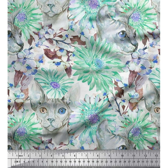 Soimoi Green Cotton Duck Fabric Dog Face,Leaves & Floral Fabric Prints by Yard 42 Inch Wide
