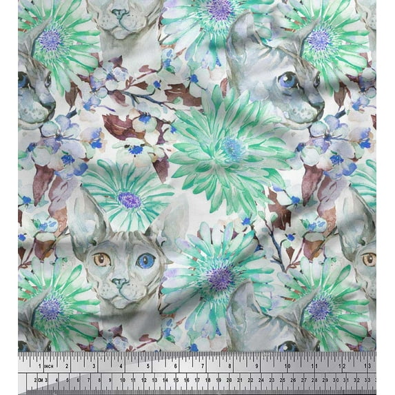 Soimoi Green Cotton Poplin Fabric Dog Face,Leaves & Floral Printed Craft Fabric by The Yard 42 Inch Wide