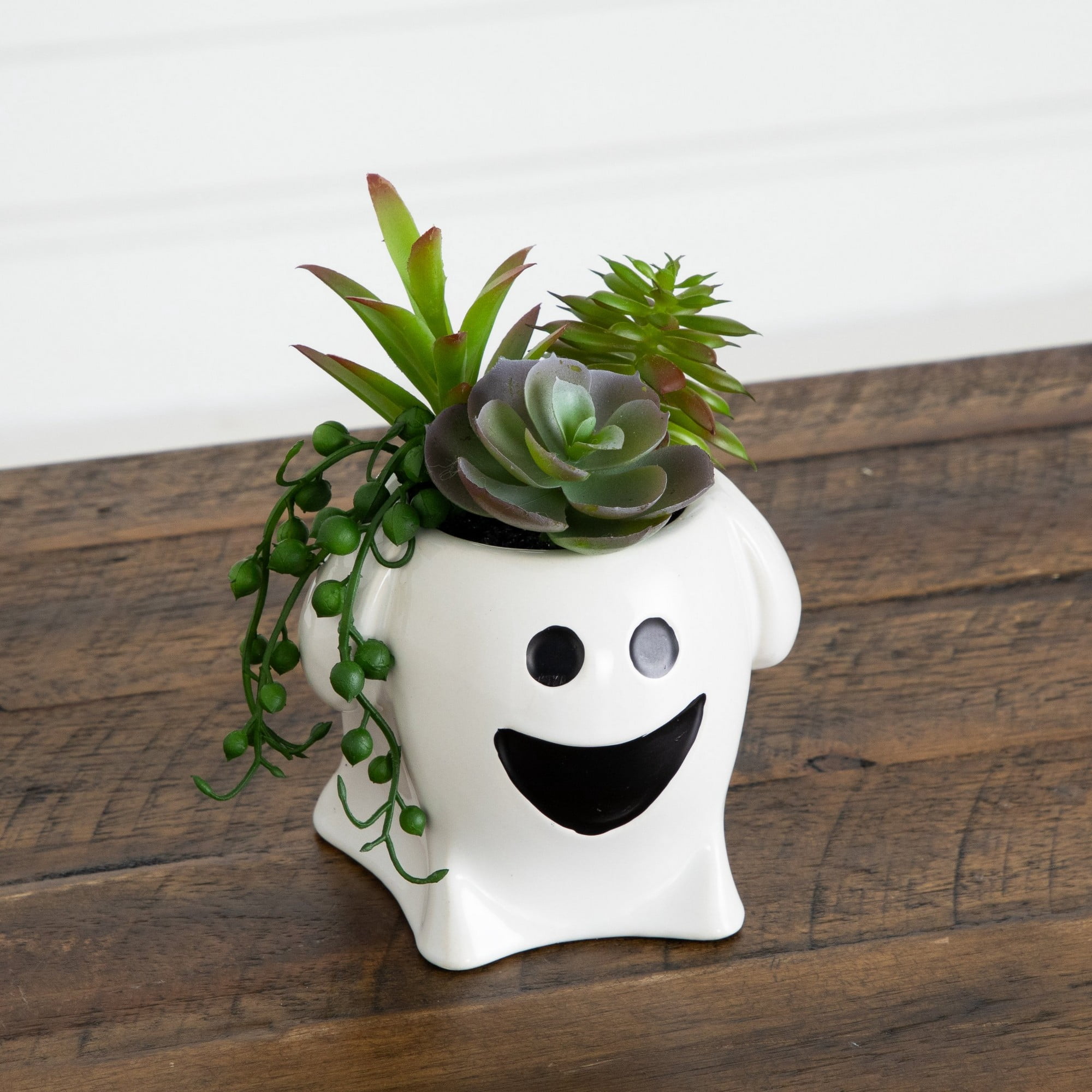 5in. Artificial Halloween Succulent Garden in Happy Ghost Planter -Set of 2