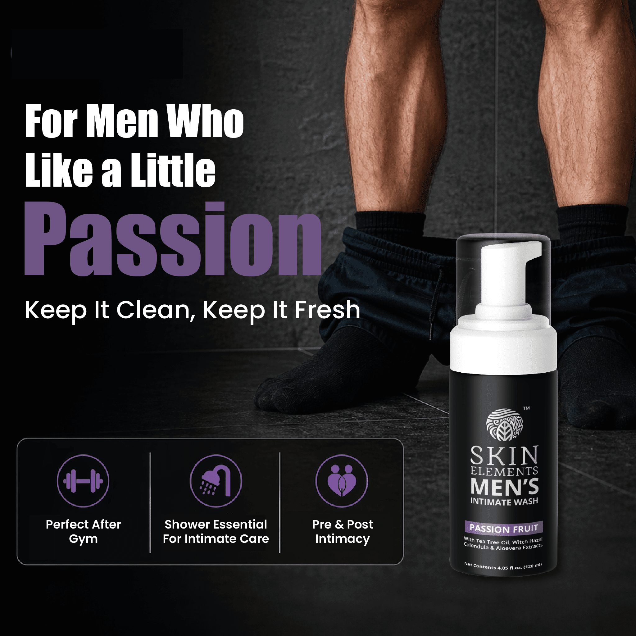 Skin Elements Intimate Wash for Men with Passion Fruit (4.05 Fl Oz) | pH Balanced Foaming Wash | Controls Bad Odor and Soothes Intimate Skin